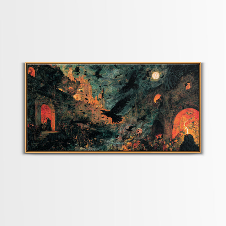 Ravens And Ruins, Grotesque Carnival Art, Wide Panoramic Art, Gothic Horror Wall Art, Framed Canvas Print, Halloween Wall Art