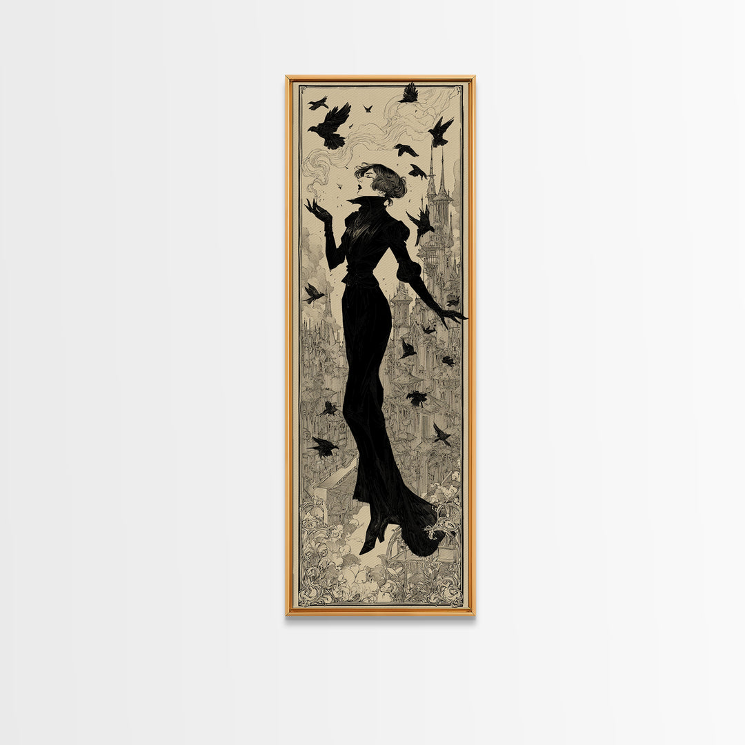 Ravens And Ruins, Decadent Line Art, Tall Narrow Wall Art, Dark Fantasy Wall Art, Framed Canvas Print, Halloween Wall Art