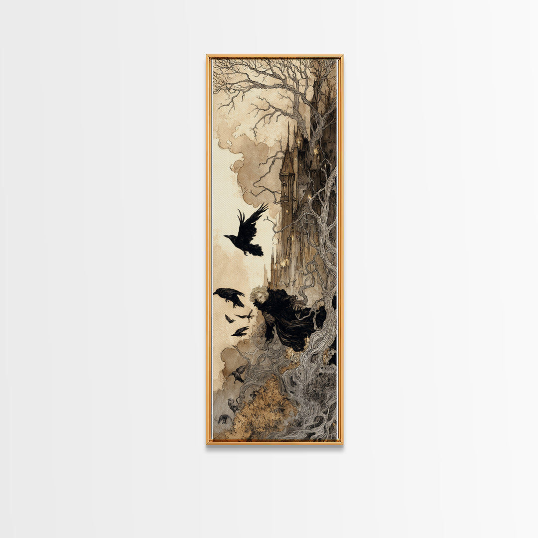 Ravens And Ruins, Gothic Storybook Art, Tall Narrow Wall Art, Gothic Horror Wall Art, Canvas Print, Halloween Wall Art
