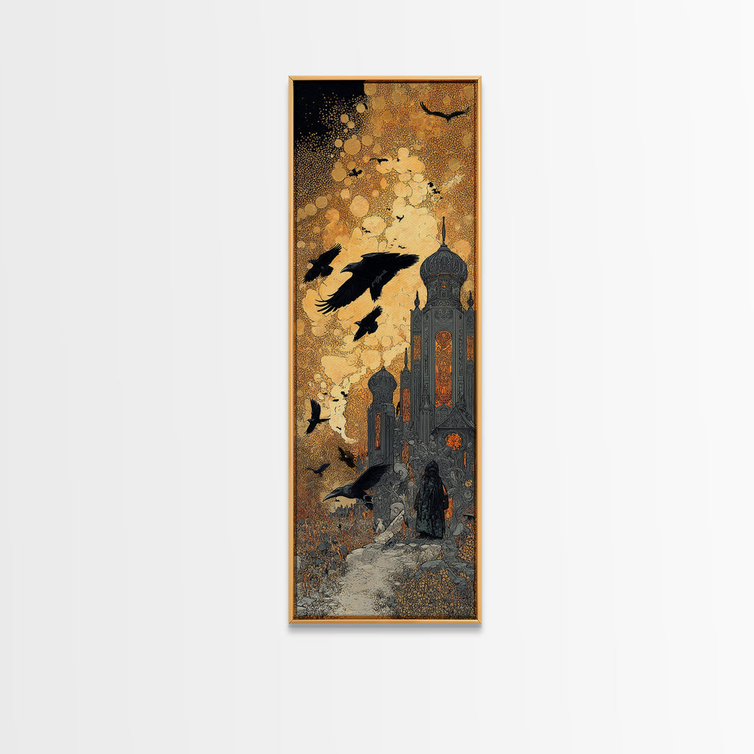 Ravens And Ruins, Stained Glass Gothic Art, Tall Narrow Wall Art, Dark Fantasy Wall Art, Canvas Print, Halloween Wall Art