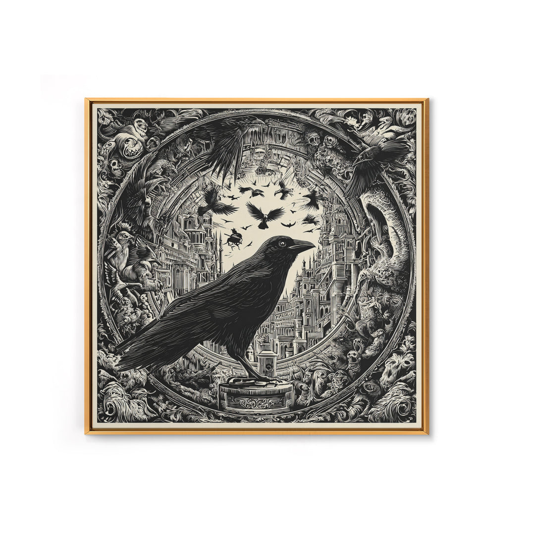 Ravens And Ruins, Macabre Folk Print Art, Square Wall Art, Dark Fantasy Wall Art, Canvas Print, Halloween Wall Art