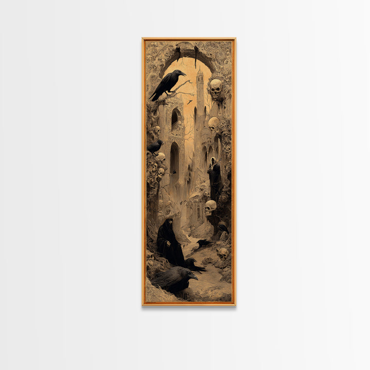 Ravens And Ruins, Surreal Apocalyptic Art, Tall Narrow Wall Art, Dark Halloween Decor, Canvas Print, Halloween Wall Art