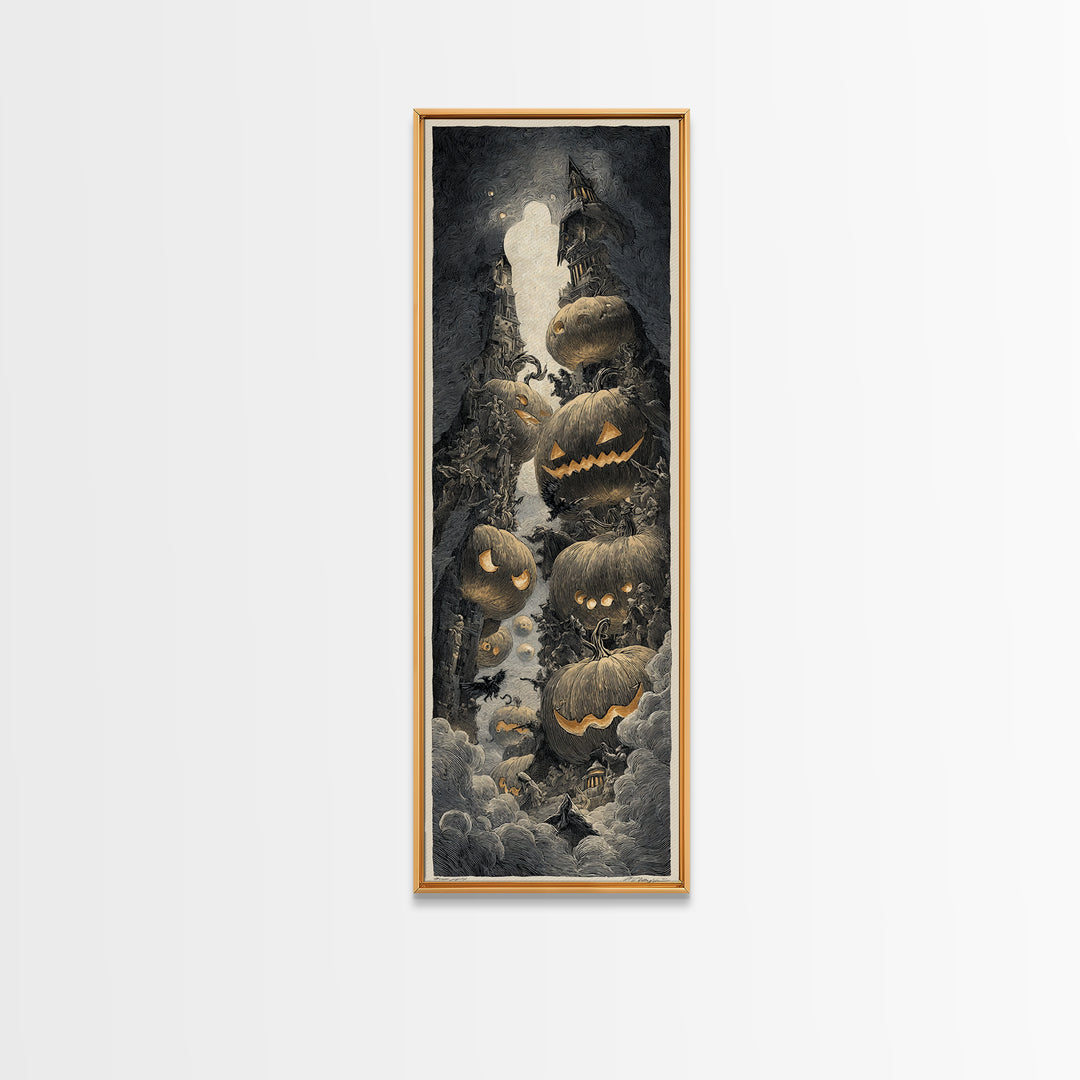 Pumpkins And Moon Phases, Gothic Engraving Art, Tall Narrow Wall Art, Macabre Wall Art, Canvas Print, Halloween Wall Art