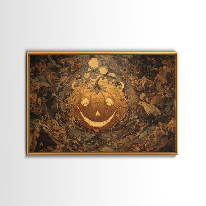 Pumpkins And Moon Phases, Medieval Grotesque Art, Landscape Wall Art, Macabre Wall Art, Framed Canvas Print, Halloween Wall Art