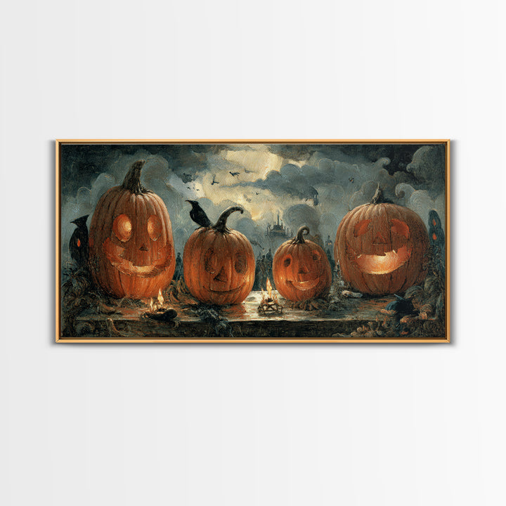 Pumpkins And Moon Phases, Northern Renaissance Horror, Wide Panoramic Art, Dark Halloween Decor, Framed Canvas Print