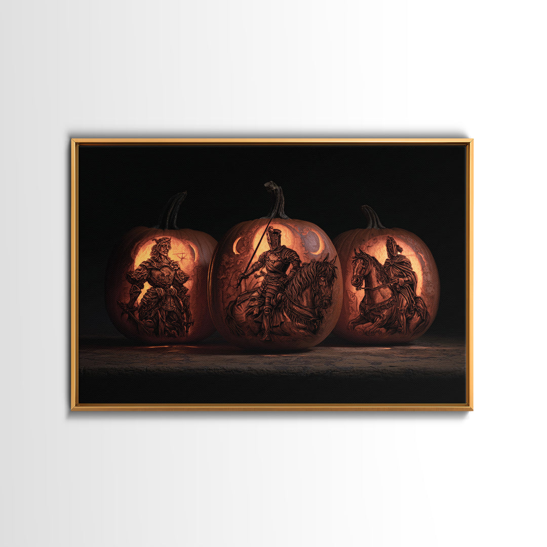 Pumpkins And Moon Phases, Renaissance Engraving Art, Landscape Wall Art, Macabre Wall Art, Framed Canvas Print, Halloween Wall Art