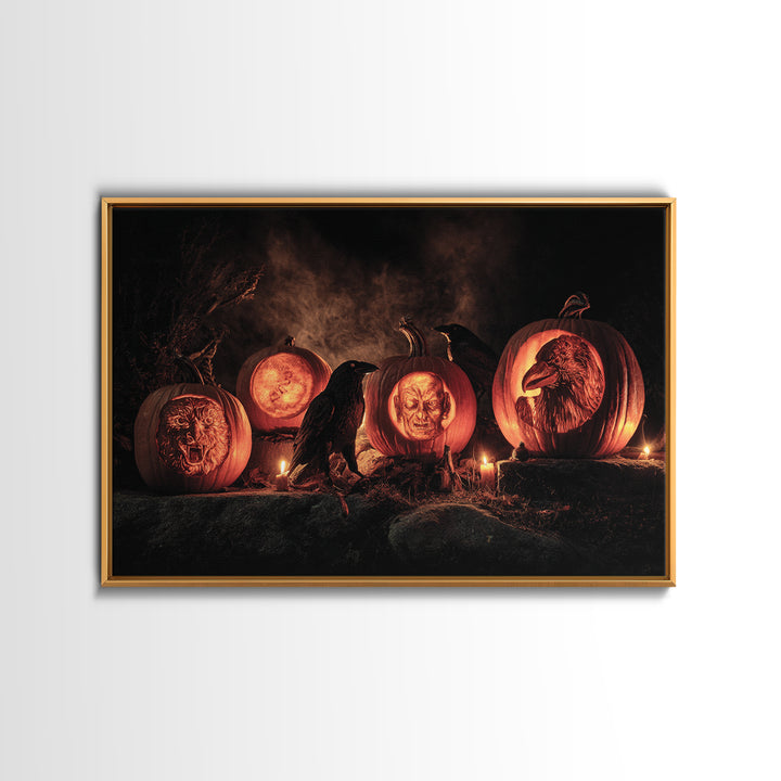 Pumpkins And Moon Phases, Baroque Witchcraft Art, Landscape Wall Art, Dark Fantasy Wall Art, Canvas Print, Halloween Wall Art