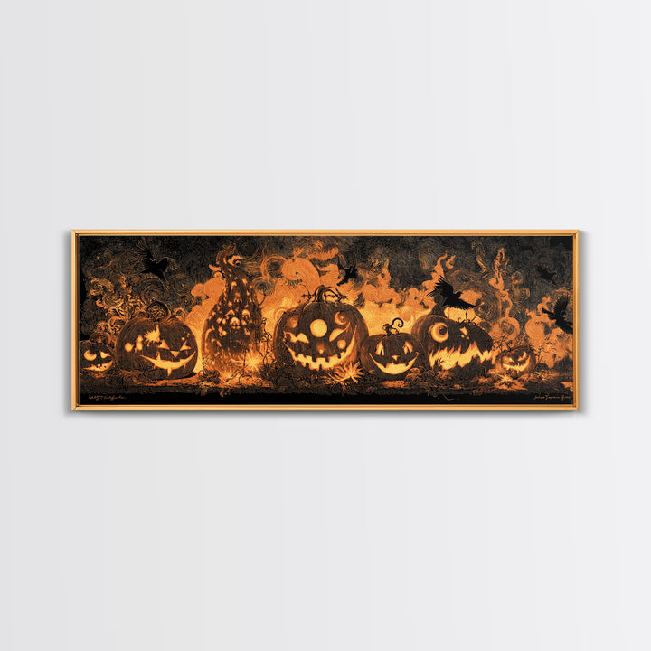 Pumpkins And Moon Phases, Dark Romantic Horror Art, Extra Wide Wall Art, Dark Halloween Decor, Canvas Print, Halloween Wall Art