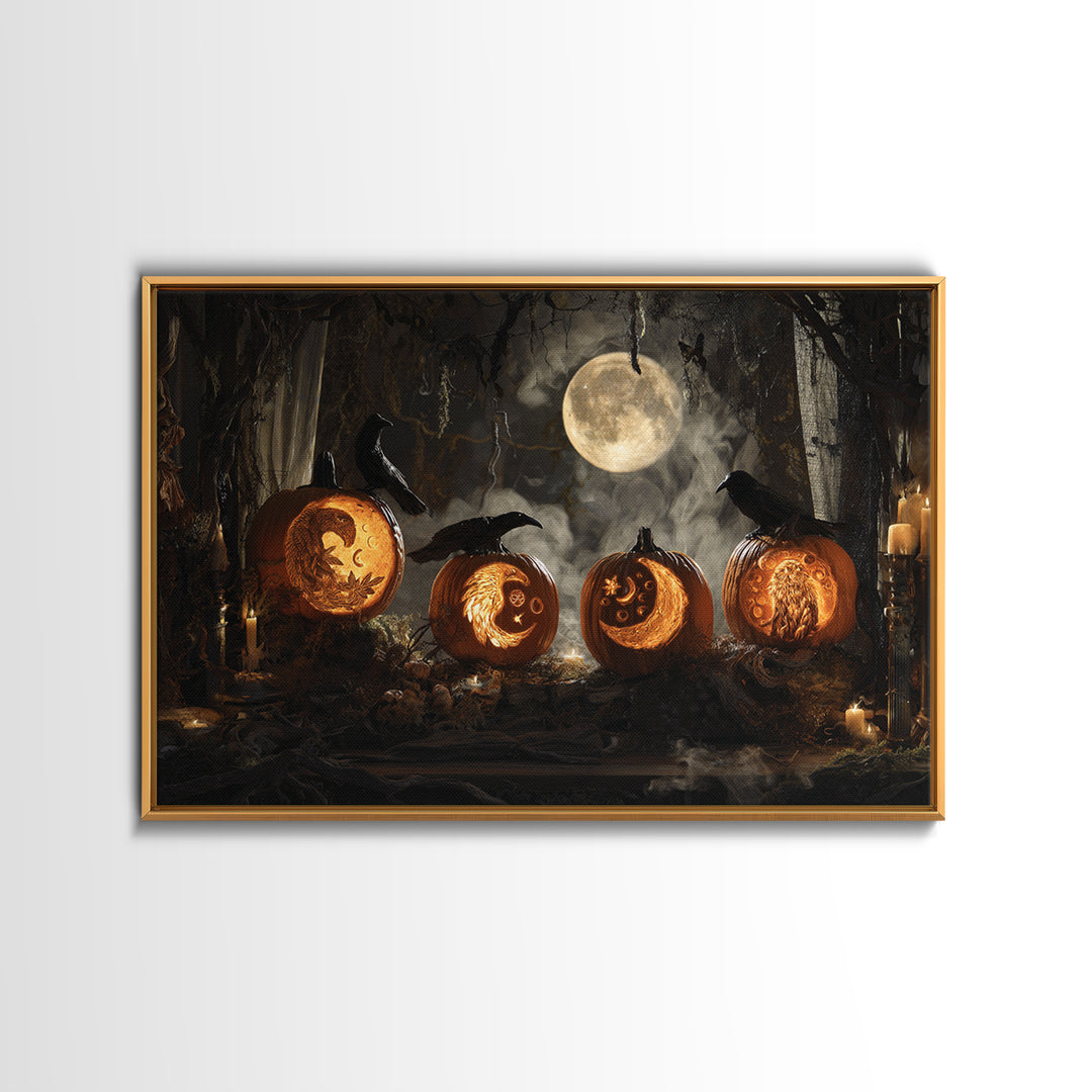 Pumpkins And Moon Phases, Visionary Gothic Art, Landscape Wall Art, Dark Halloween Decor, Framed Canvas Print, Halloween Wall Art