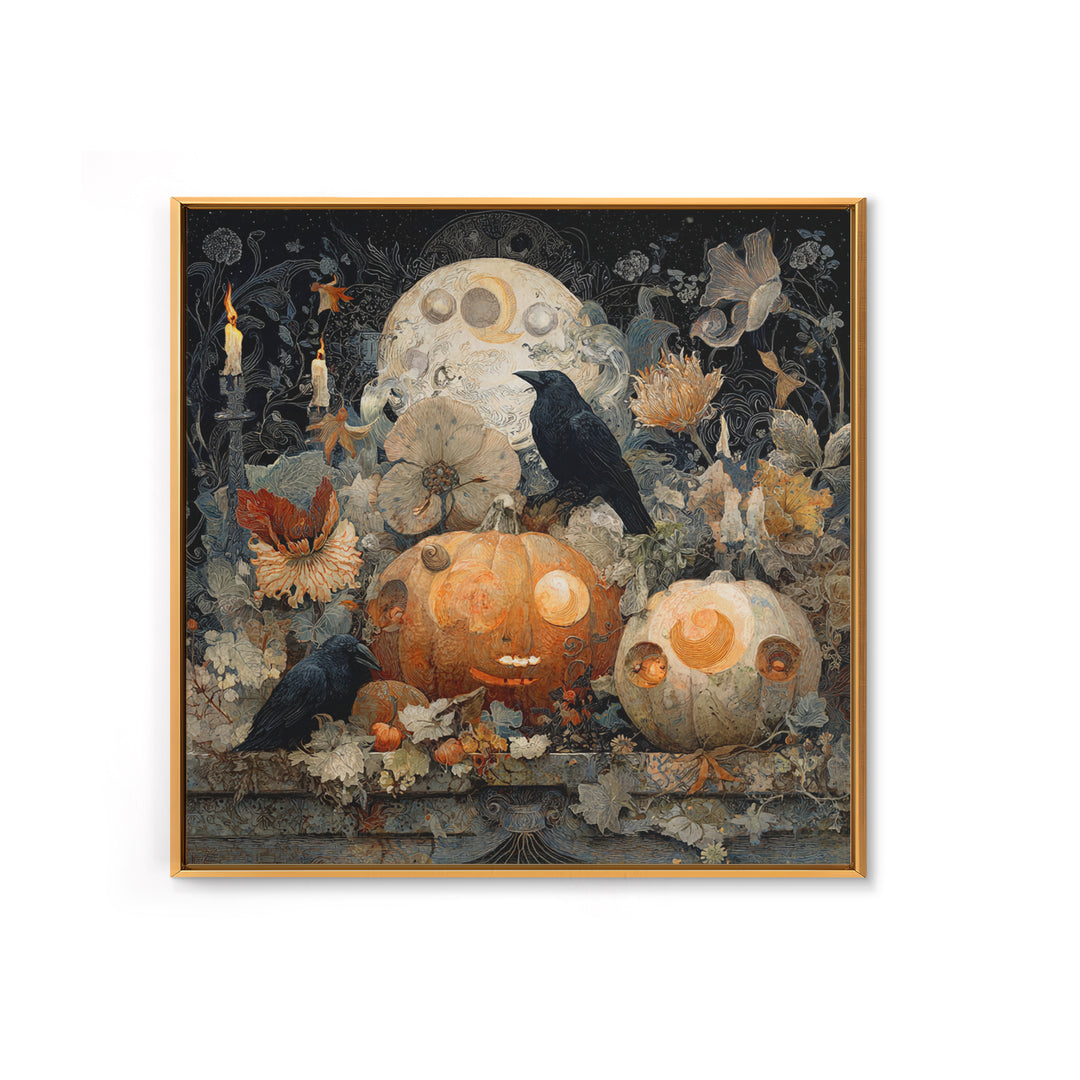 Pumpkins And Moon Phases, Symbolist Dream Art, Square Wall Art, Dark Halloween Decor, Framed Canvas Print, Halloween Wall Art