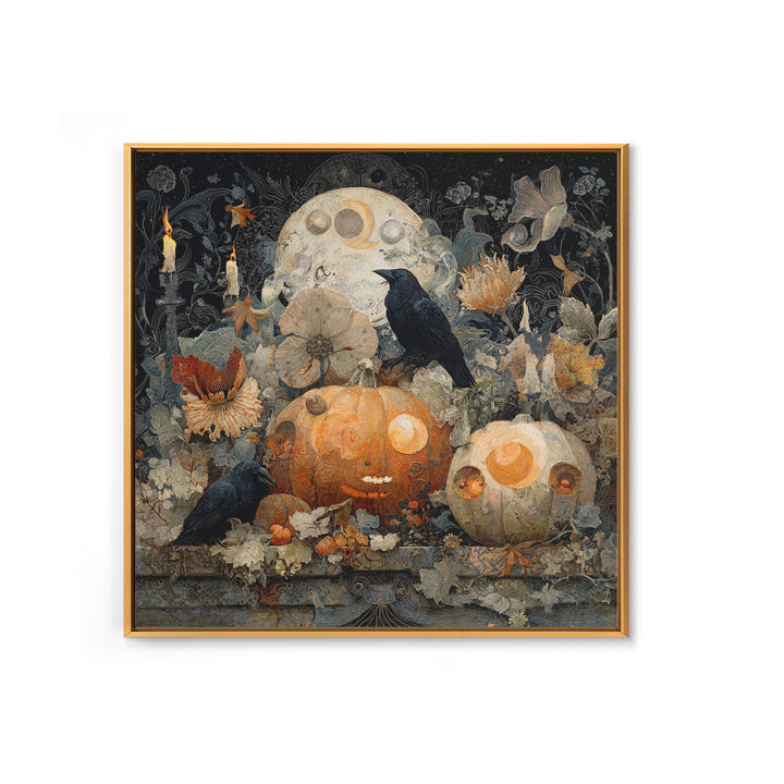 Pumpkins And Moon Phases, Symbolist Dream Art, Square Wall Art, Dark Halloween Decor, Framed Canvas Print, Halloween Wall Art