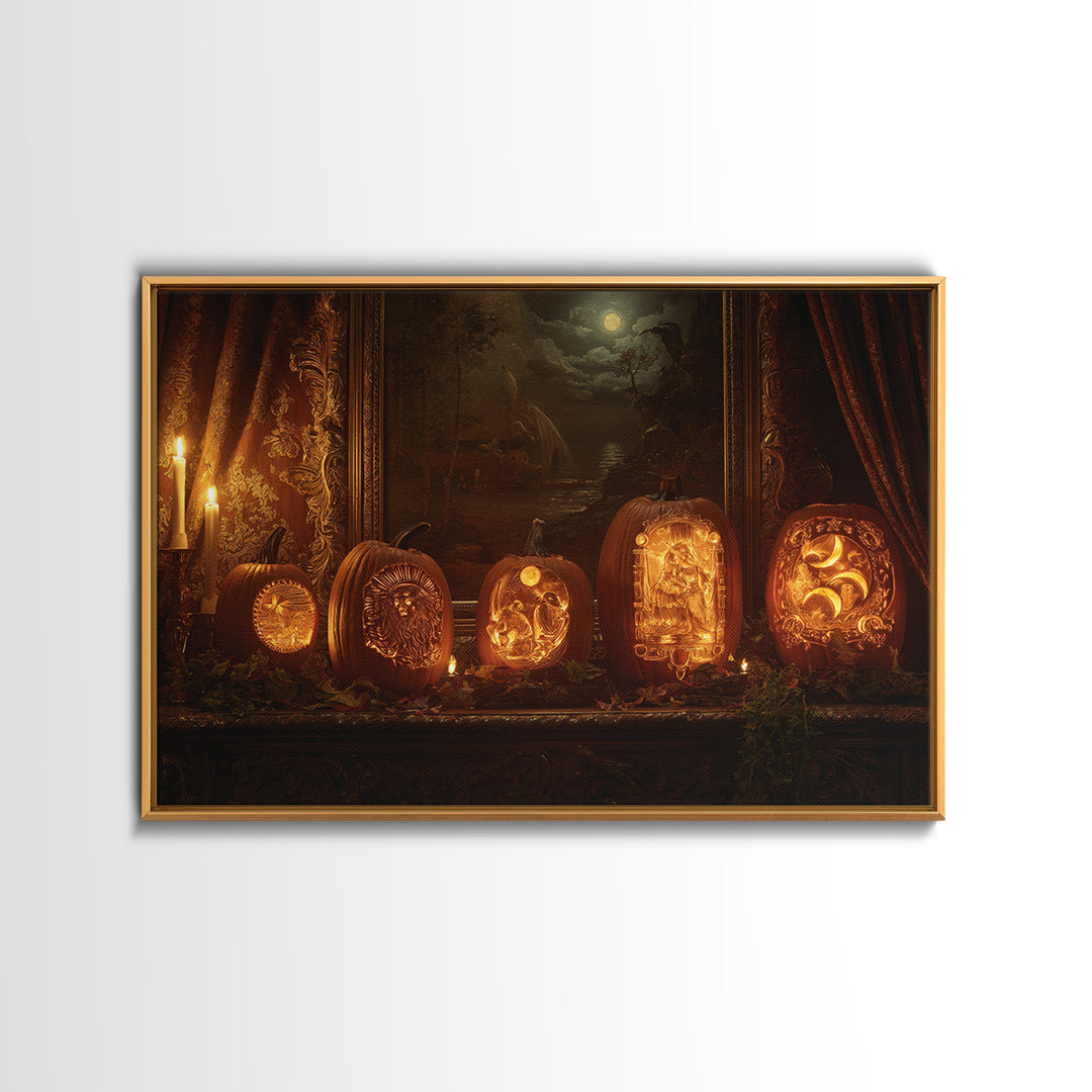 Pumpkins And Moon Phases, Ornate Symbolist Art, Landscape Wall Art, Gothic Horror Wall Art, Canvas Print, Halloween Wall Art