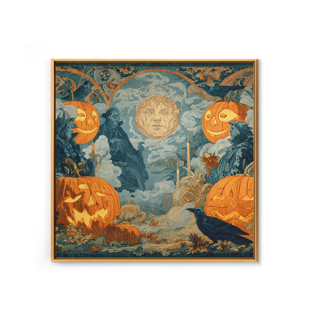 Pumpkins And Moon Phases, Symbolist Etching Art, Square Wall Art, Dark Fantasy Wall Art, Canvas Print, Halloween Wall Art