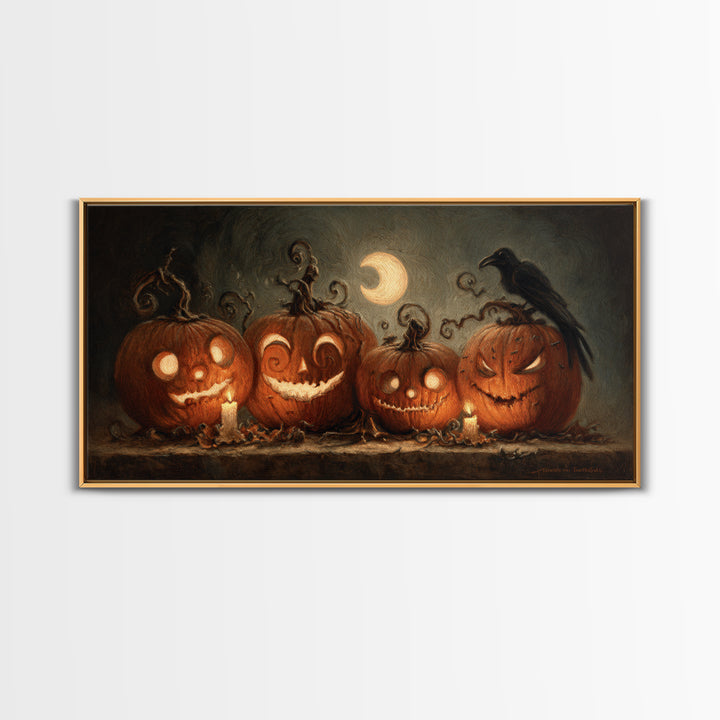 Pumpkins And Moon Phases, Expressionist Nightmare Art, Wide Panoramic Art, Dark Fantasy Wall Art, Framed Canvas Print, Halloween Wall Art