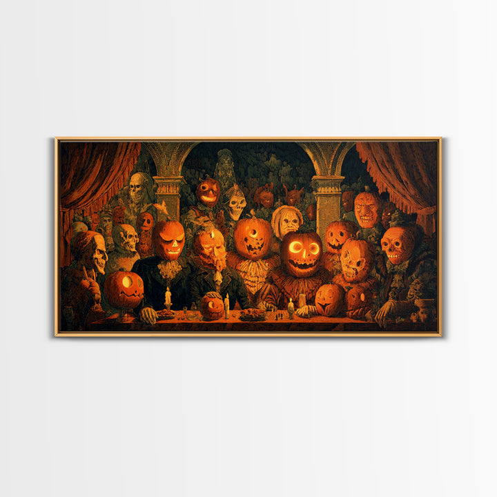 Pumpkins And Moon Phases, Grotesque Carnival Art, Wide Panoramic Art, Dark Fantasy Wall Art, Framed Canvas Print, Halloween Wall Art