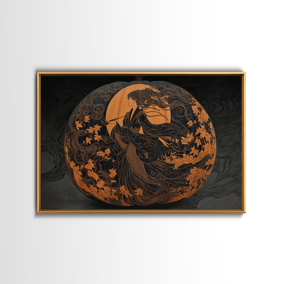 Pumpkins And Moon Phases, Decadent Line Art, Landscape Wall Art, Gothic Horror Wall Art, Canvas Print, Halloween Wall Art