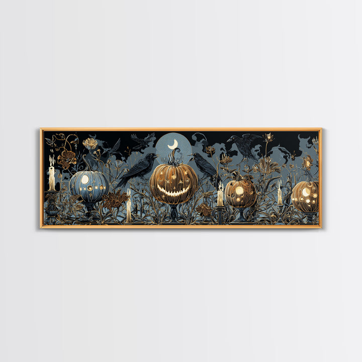Pumpkins And Moon Phases, Stained Glass Gothic Art, Extra Wide Wall Art, Dark Fantasy Wall Art, Framed Canvas Print, Halloween Wall Art