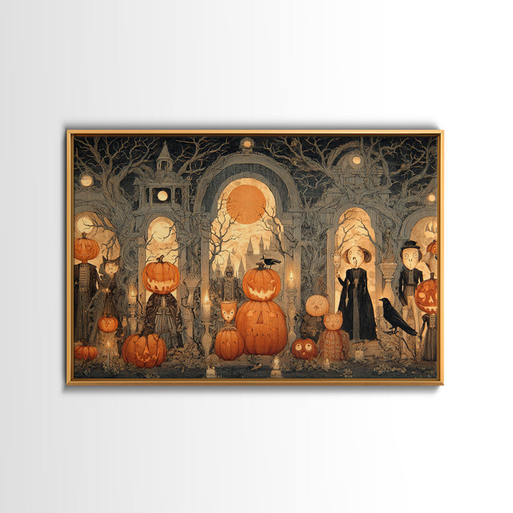 Pumpkins And Moon Phases, Victorian Macabre Art, Landscape Wall Art, Dark Halloween Decor, Framed Canvas Print, Halloween Wall Art