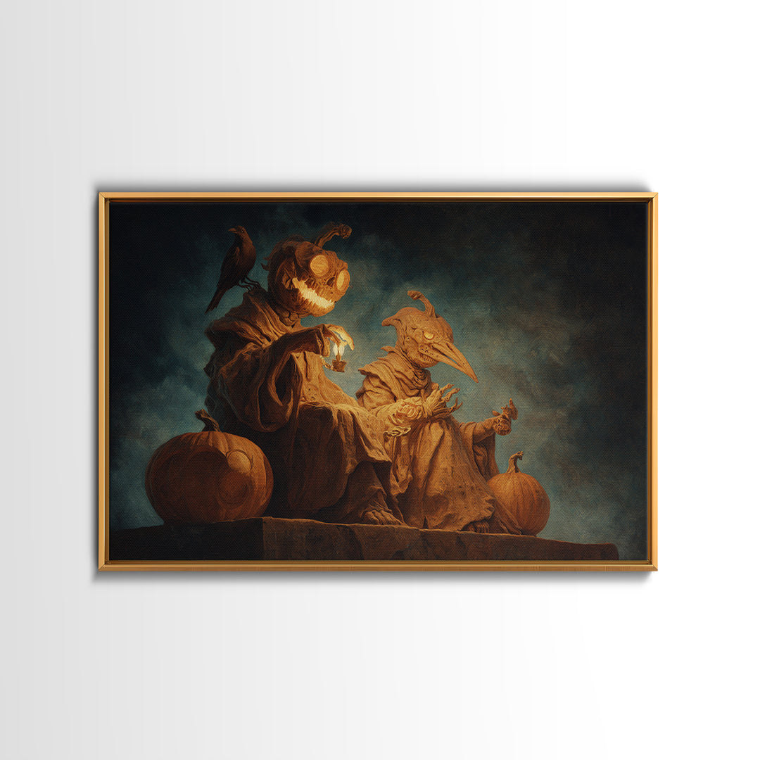 Pumpkins And Moon Phases, Surreal Apocalyptic Art, Landscape Wall Art, Macabre Wall Art, Framed Canvas Print, Halloween Wall Art