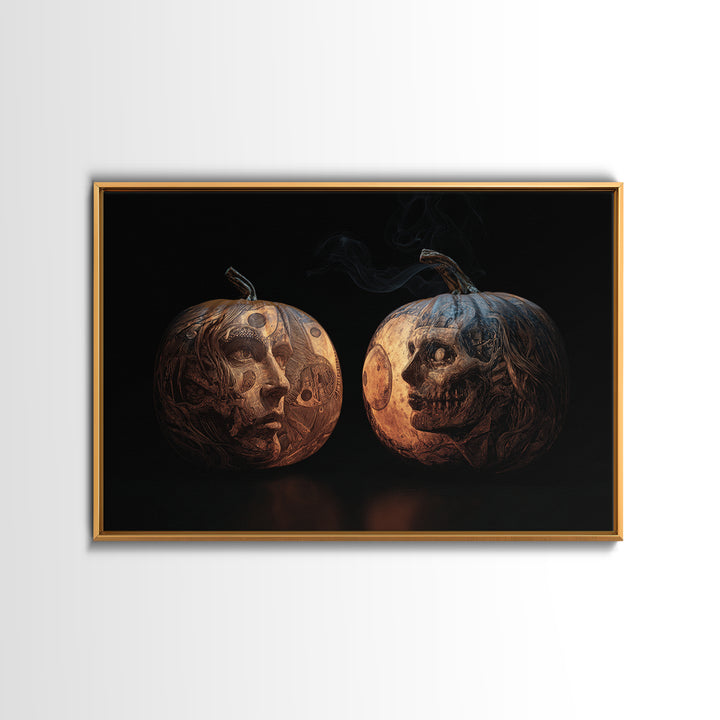 Pumpkins And Moon Phases, Biomechanical Horror Art, Landscape Wall Art, Gothic Horror Wall Art, Framed Canvas Print, Halloween Wall Art