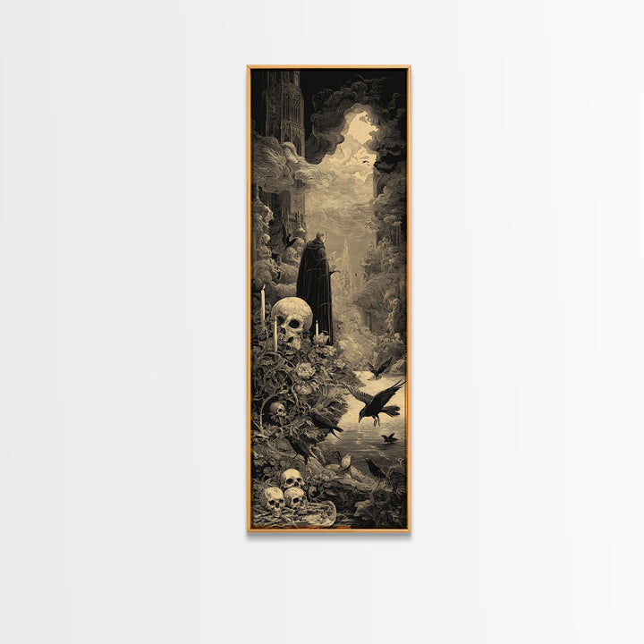 Skeletal Botanicals, Gothic Engraving Art, Tall Narrow Wall Art, Gothic Horror Wall Art, Framed Canvas Print, Halloween Wall Art