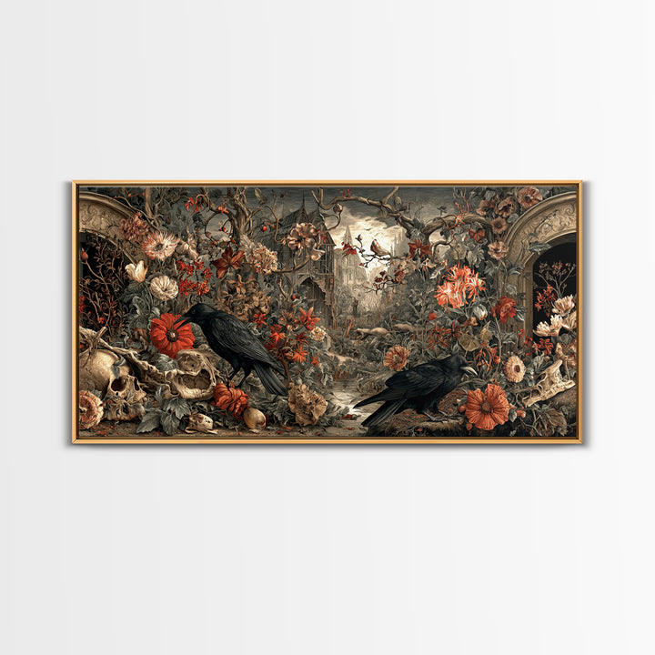 Skeletal Botanicals, Northern Renaissance Horror, Wide Panoramic Art, Dark Fantasy Wall Art, Framed Canvas Print, Macabre Wall Art