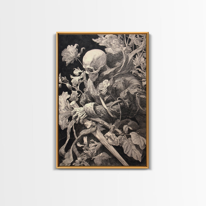 Skeletal Botanicals, Renaissance Engraving Art, Vertical Wall Art, Gothic Horror Wall Art, Canvas Print, Halloween Wall Art