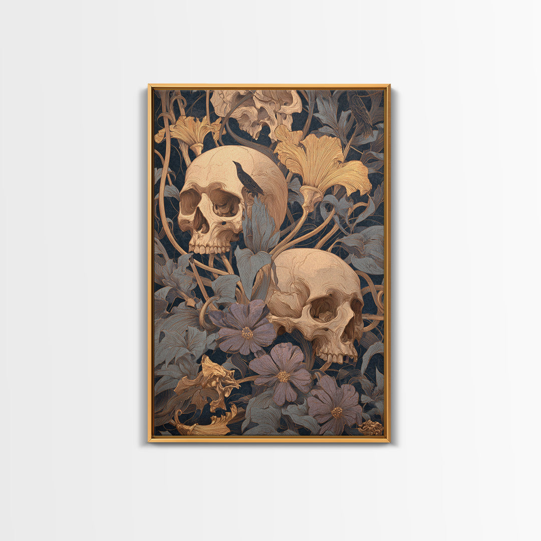 Skeletal Botanicals, Symbolist Death Art, Vertical Wall Art, Dark Fantasy Wall Art, Framed Canvas Print, Halloween Wall Art