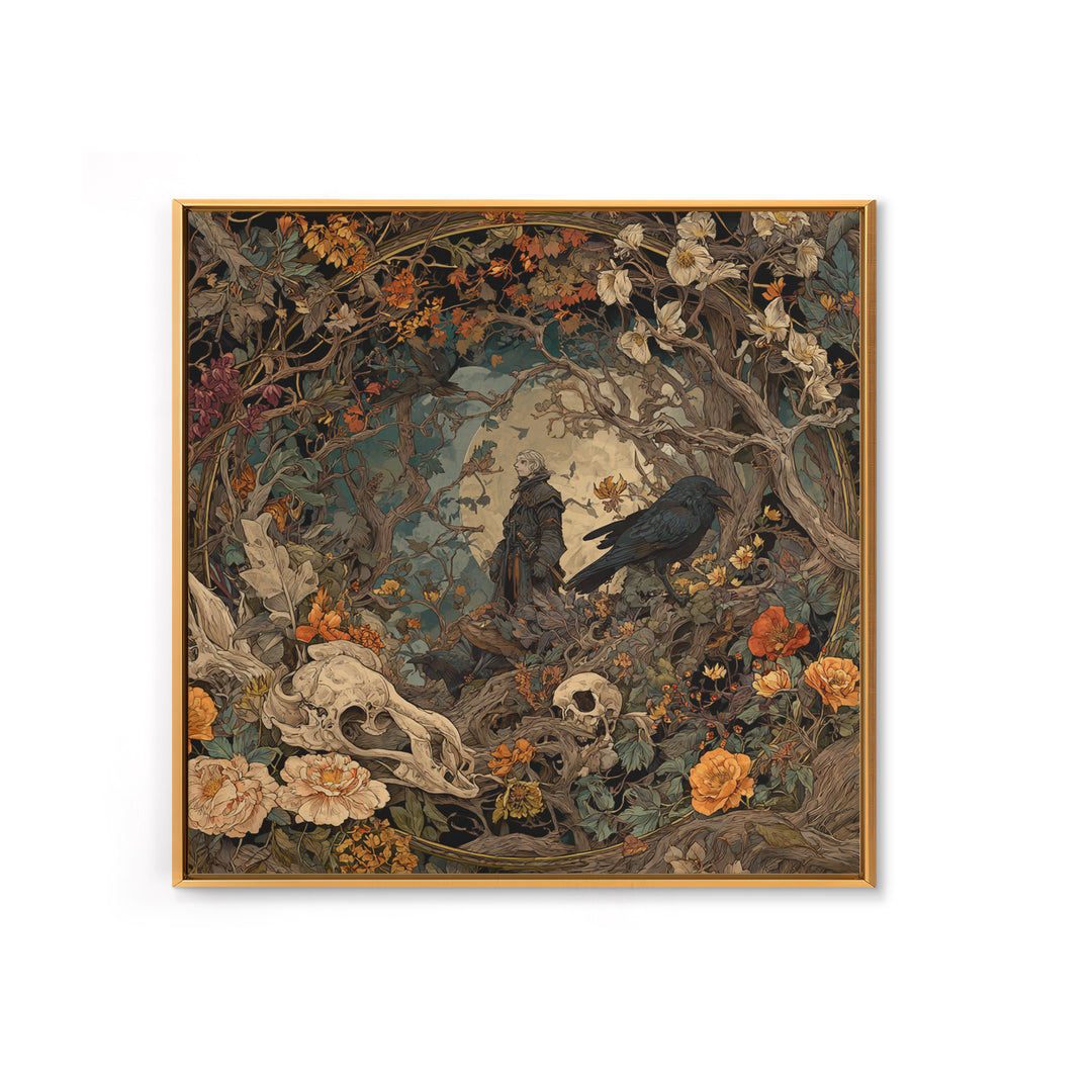 Skeletal Botanicals, Gothic Storybook Art, Square Wall Art, Macabre Wall Art, Framed Canvas Print, Halloween Wall Art