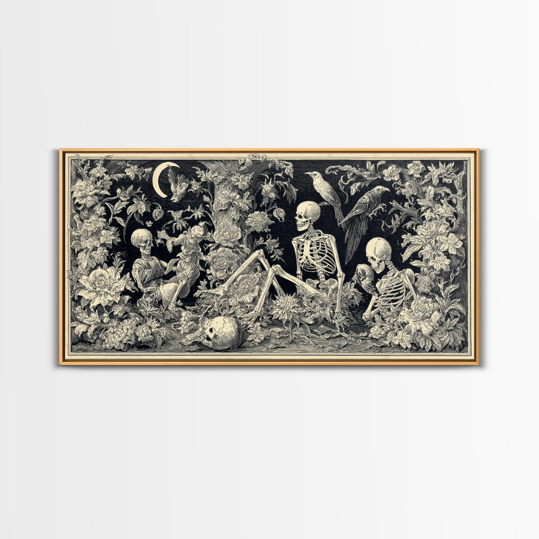 Skeletal Botanicals, Macabre Folk Print Art, Wide Panoramic Art, Gothic Horror Wall Art, Framed Canvas Print, Halloween Wall Art
