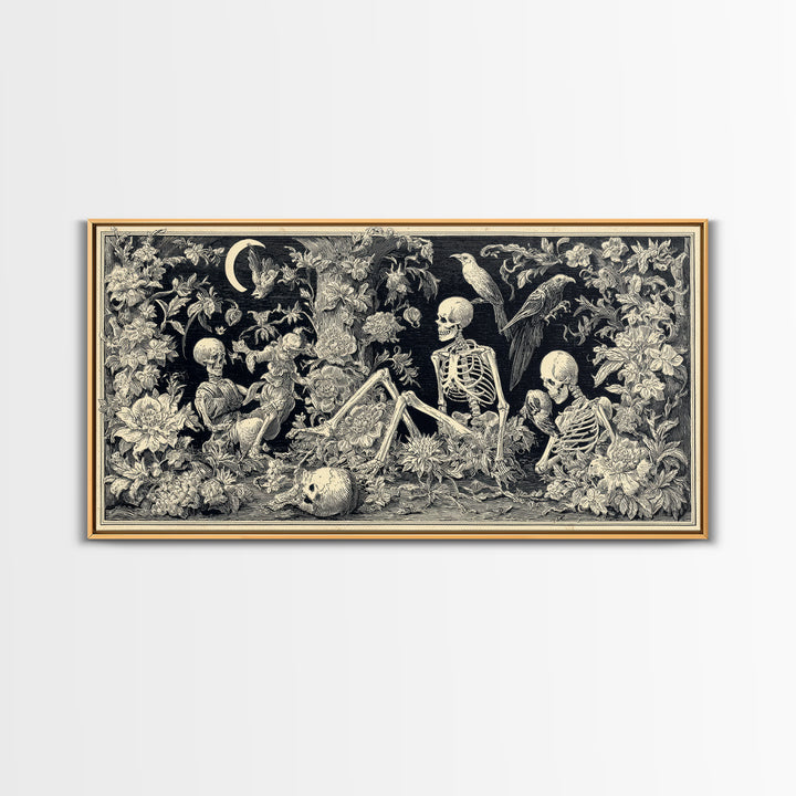 Skeletal Botanicals, Macabre Folk Print Art, Wide Panoramic Art, Gothic Horror Wall Art, Framed Canvas Print, Halloween Wall Art
