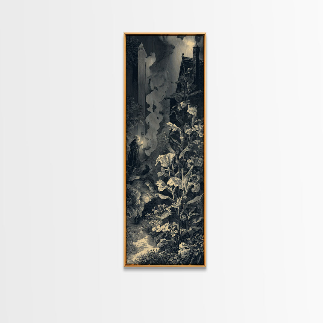 The Poison Garden, Gothic Engraving Art, Tall Narrow Wall Art, Dark Halloween Decor, Canvas Print, Halloween Wall Art