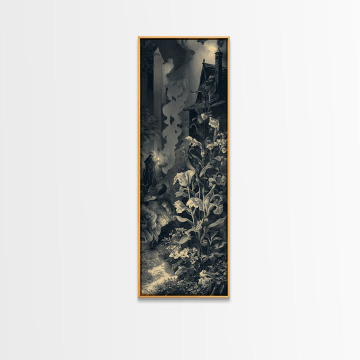 The Poison Garden, Gothic Engraving Art, Tall Narrow Wall Art, Dark Halloween Decor, Canvas Print, Halloween Wall Art