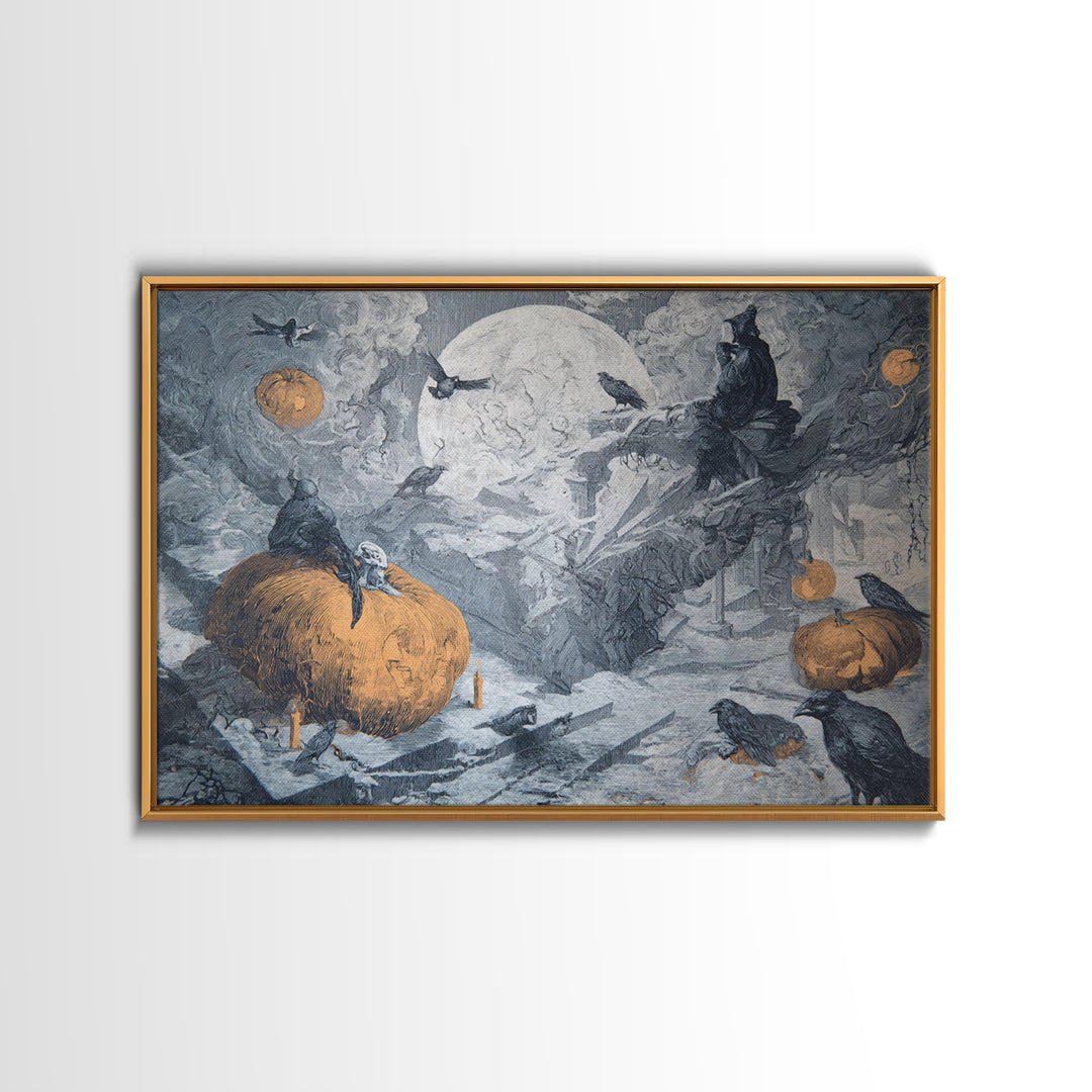 Frozen Halloween, Architectural Etching Art, Landscape Wall Art, Dark Halloween Decor, Framed Canvas Print, Halloween Wall Art