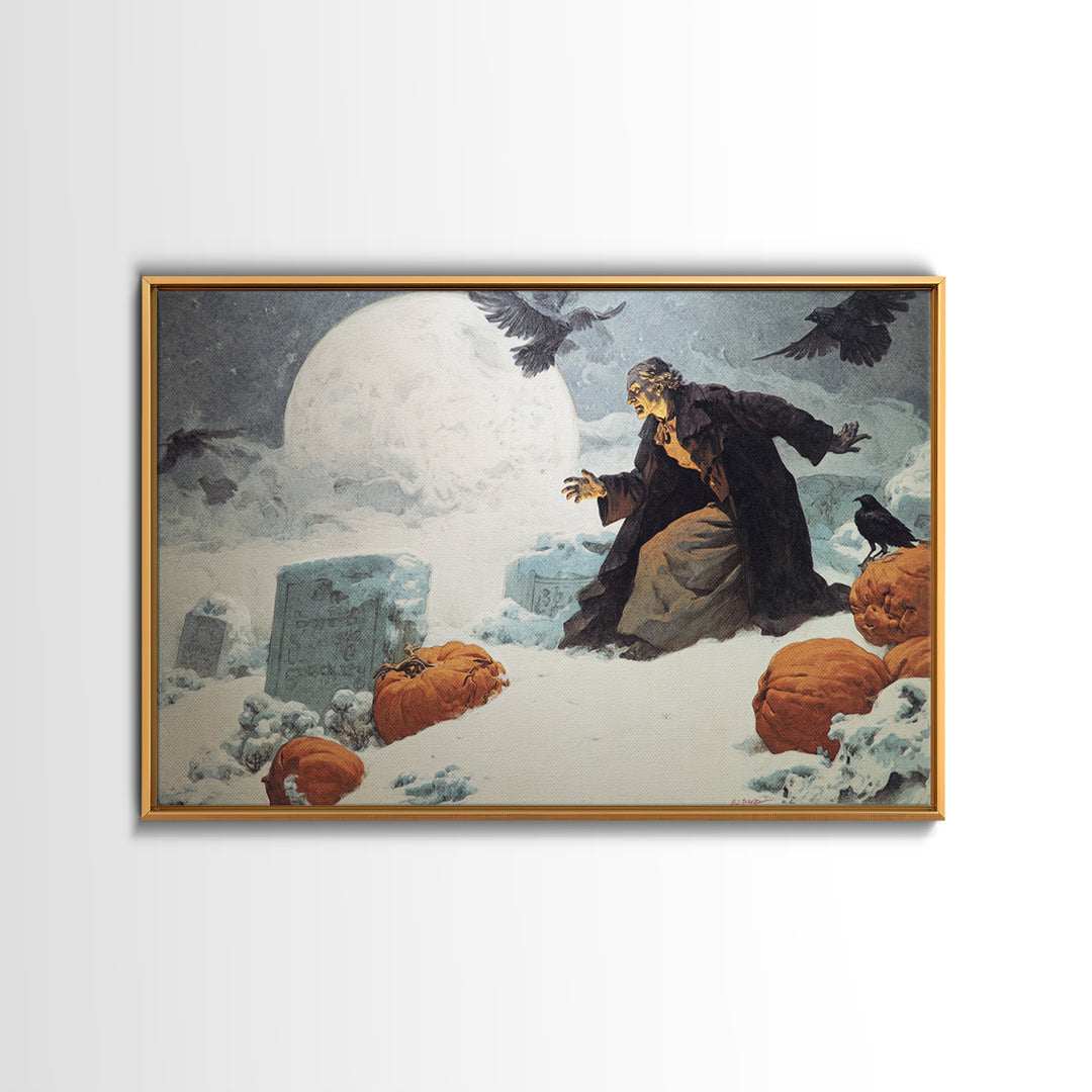 Frozen Halloween, Symbolist Etching Art, Landscape Wall Art, Dark Fantasy Wall Art, Framed Canvas Print, Halloween Wall Art