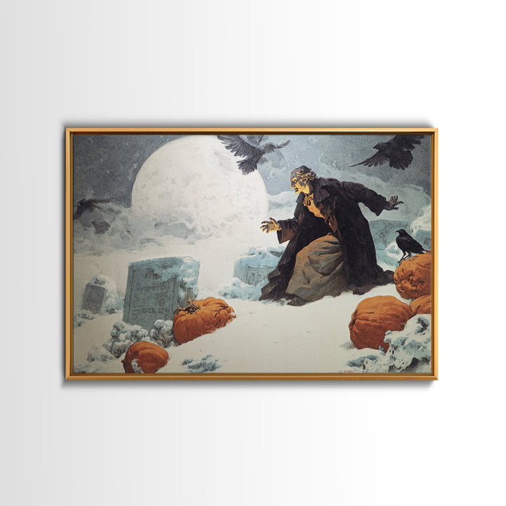 Frozen Halloween, Symbolist Etching Art, Landscape Wall Art, Dark Fantasy Wall Art, Framed Canvas Print, Halloween Wall Art