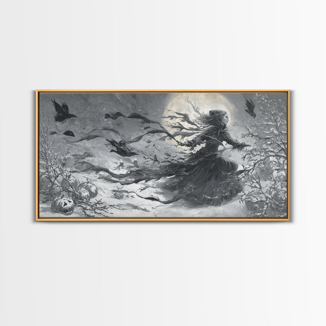 Frozen Halloween, Expressionist Nightmare Art, Wide Panoramic Art, Macabre Wall Art, Framed Canvas Print, Halloween Wall Art