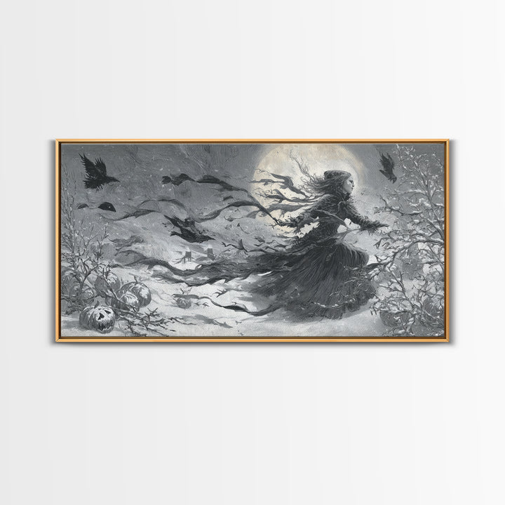 Frozen Halloween, Expressionist Nightmare Art, Wide Panoramic Art, Macabre Wall Art, Framed Canvas Print, Halloween Wall Art