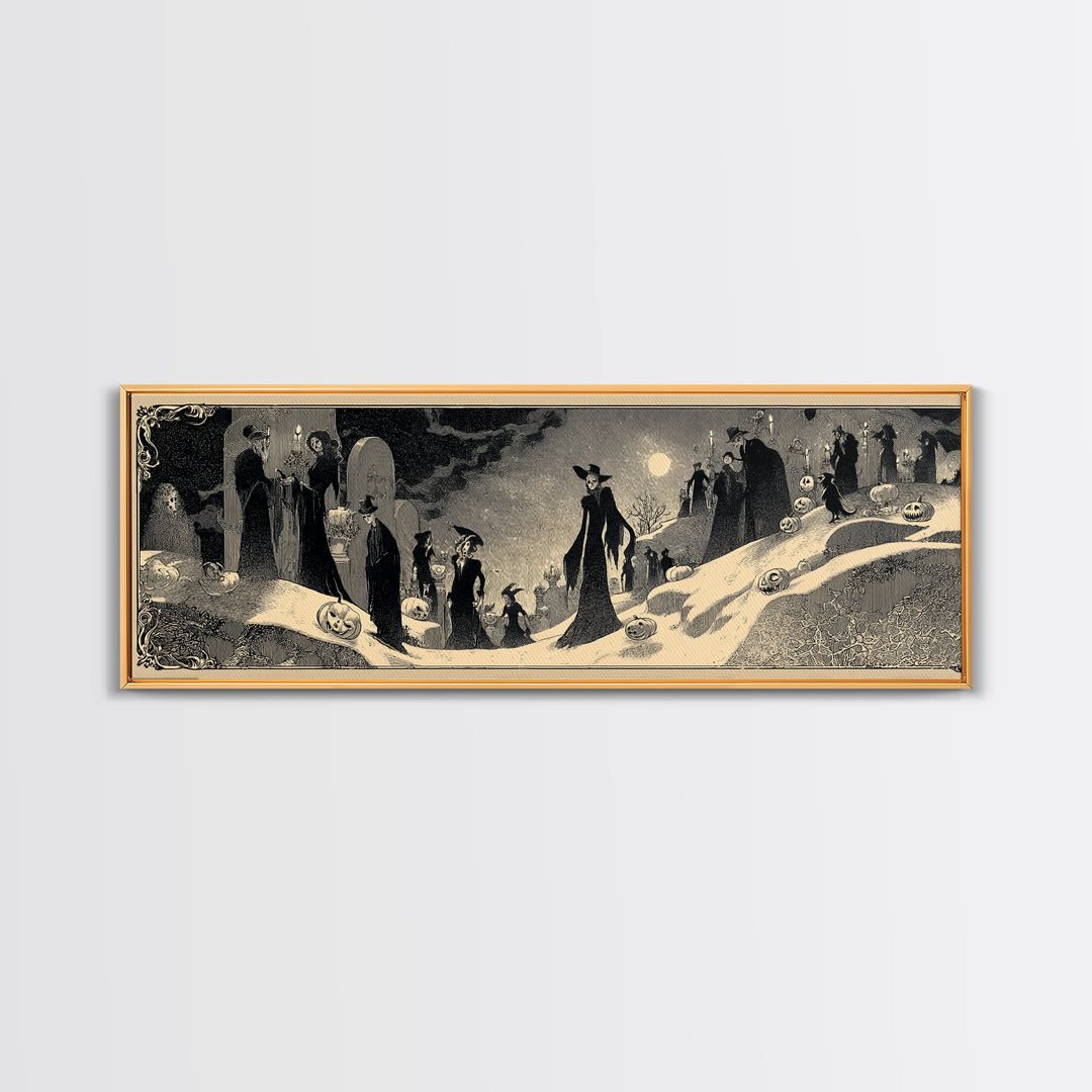 Frozen Halloween, Decadent Line Art, Extra Wide Wall Art, Gothic Horror Wall Art, Framed Canvas Print, Halloween Wall Art