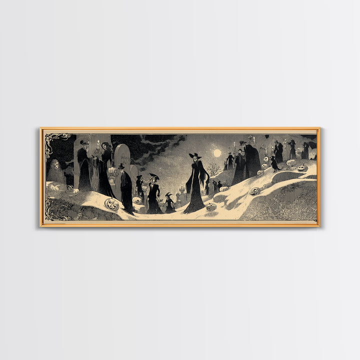Frozen Halloween, Decadent Line Art, Extra Wide Wall Art, Gothic Horror Wall Art, Framed Canvas Print, Halloween Wall Art