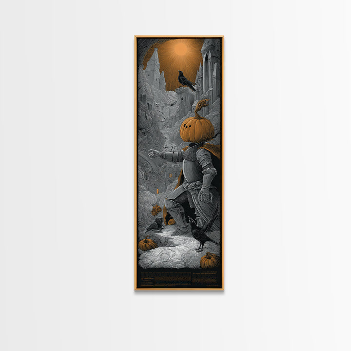 The Pumpkin Paladin, Gothic Engraving Art, Tall Narrow Wall Art, Dark Halloween Decor, Canvas Print, Halloween Wall Art