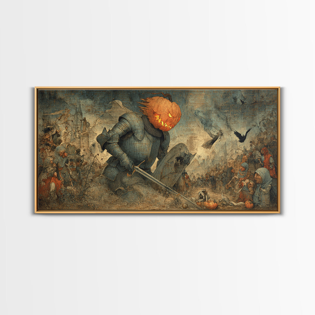 The Pumpkin Paladin, Northern Renaissance Horror, Wide Panoramic Art, Macabre Wall Art, Framed Canvas Print, Halloween Wall Art