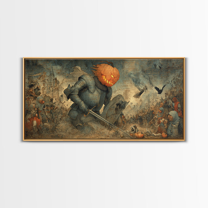 The Pumpkin Paladin, Northern Renaissance Horror, Wide Panoramic Art, Macabre Wall Art, Framed Canvas Print, Halloween Wall Art