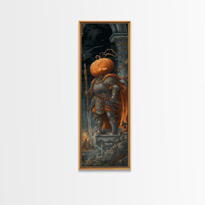 The Pumpkin Paladin, Architectural Etching Art, Tall Narrow Wall Art, Macabre Wall Art, Framed Canvas Print, Halloween Decor