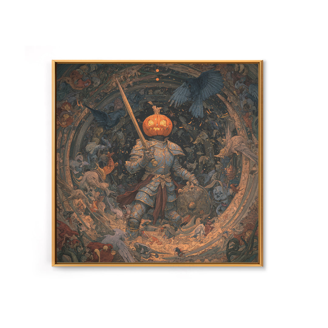The Pumpkin Paladin, Ornate Symbolist Art, Square Wall Art, Dark Fantasy Wall Art, Canvas Print, Halloween Wall Art, Horror Wall Art