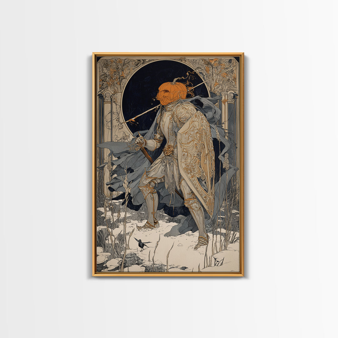 The Pumpkin Paladin, Symbolist Death Art, Vertical Wall Art, Gothic Horror Wall Art, Canvas Print, Halloween Wall Art