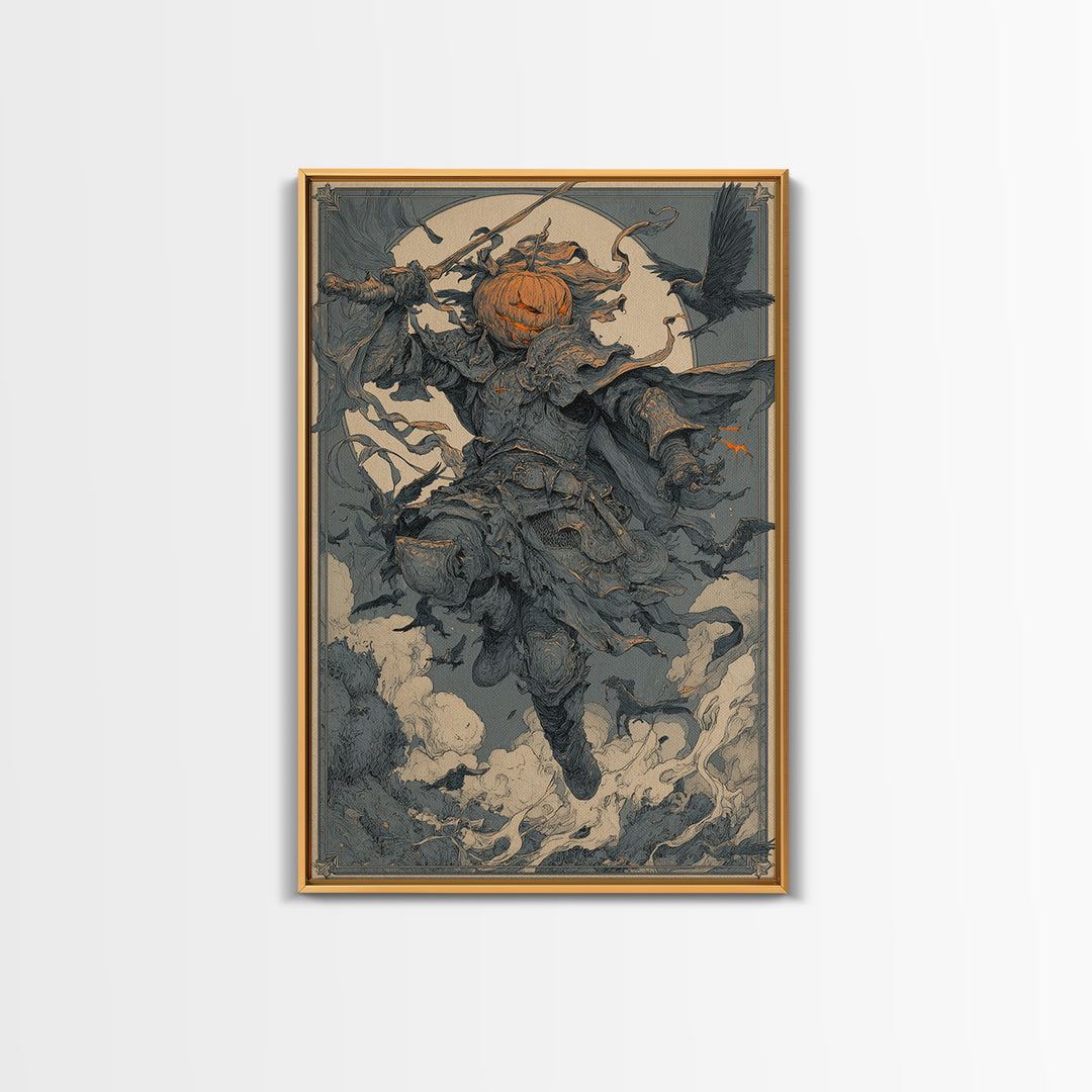 The Pumpkin Paladin, Symbolist Etching Art, Vertical Wall Art, Macabre Wall Art, Canvas Print, Halloween Wall Art, Seasonal Home Decor