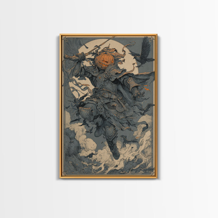 The Pumpkin Paladin, Symbolist Etching Art, Vertical Wall Art, Macabre Wall Art, Canvas Print, Halloween Wall Art, Seasonal Home Decor