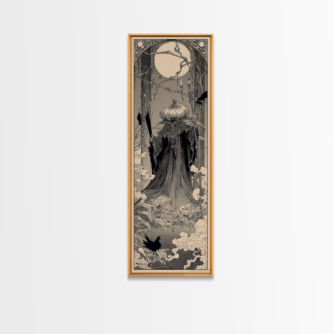 The Pumpkin Paladin, Decadent Line Art, Tall Narrow Wall Art, Gothic Horror Wall Art, Framed Canvas Print, Halloween Wall Art