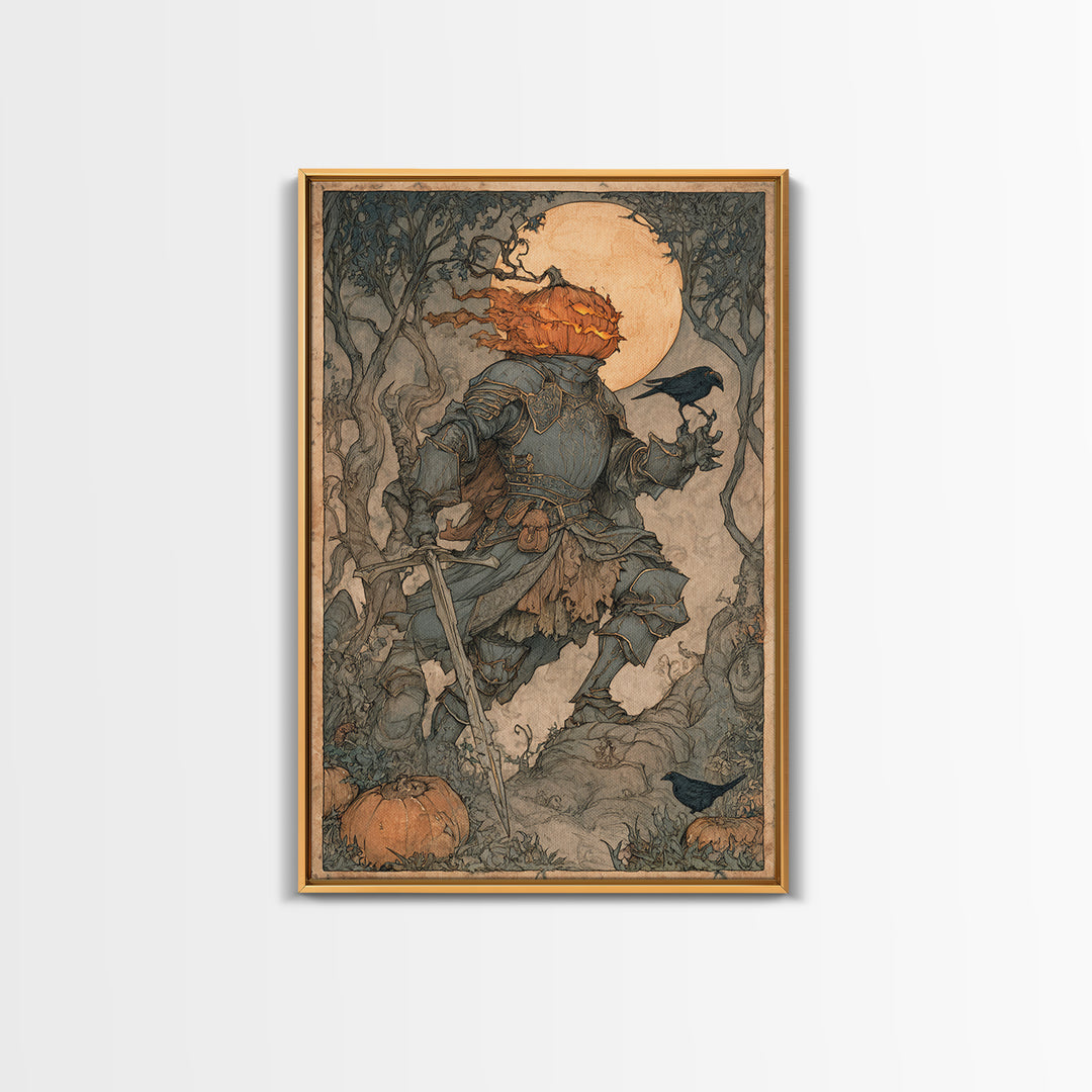 The Pumpkin Paladin, Gothic Storybook Art, Vertical Wall Art, Gothic Horror Wall Art, Canvas Print, Halloween Wall Art